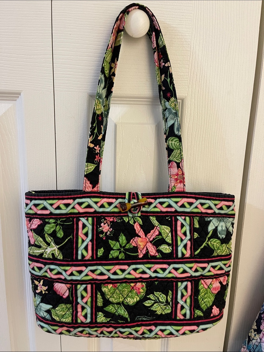 Vera Bradley Black Quilted Floral Tote with Pink & Green Accents